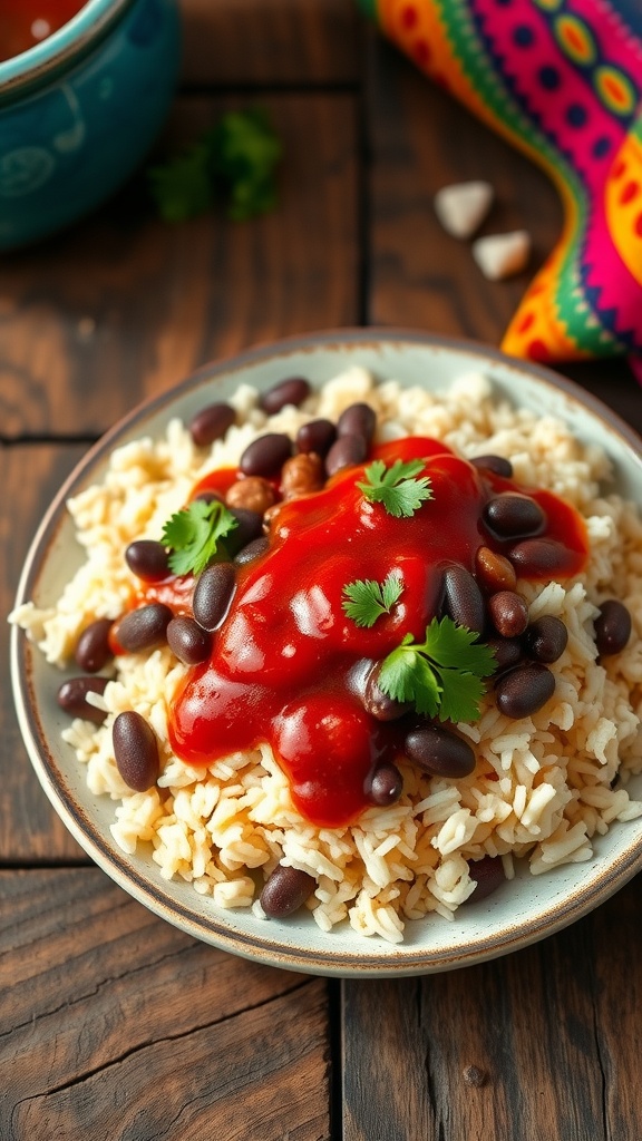 A plate of beans and rice with rango sauce, garnished with cilantro, on a wooden table.